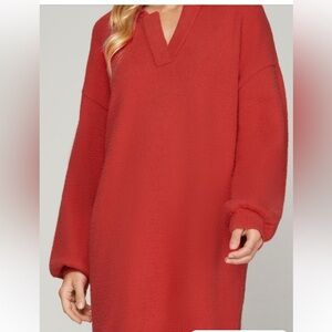 Red Balloon Sleeve Collared Fuzzy Sweater Dress